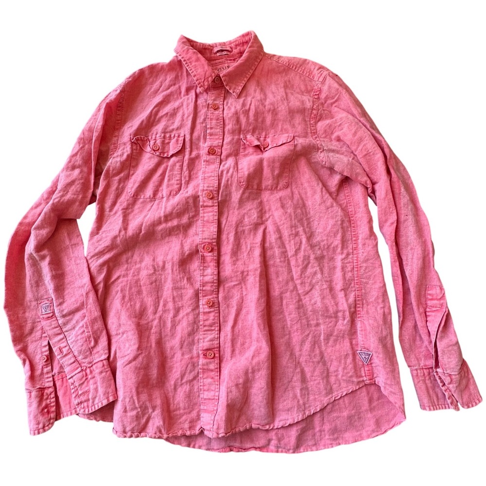 Guess Logan Pink Linen Blend Button Down‎ Shirt Long Sleeve Regular Fit Large